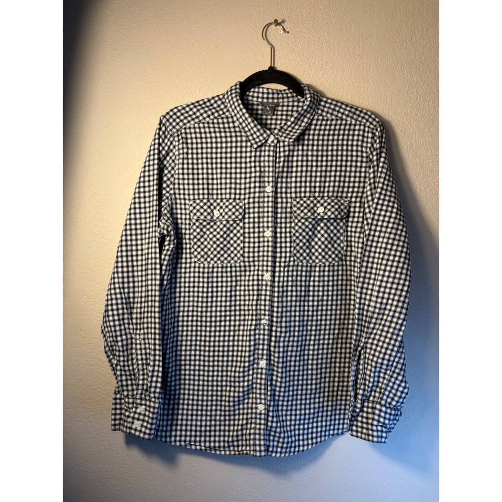 Eddie Bauer Womens XL Gingham Button‎ Down Shirt Navy White Cotton Long Sleeve